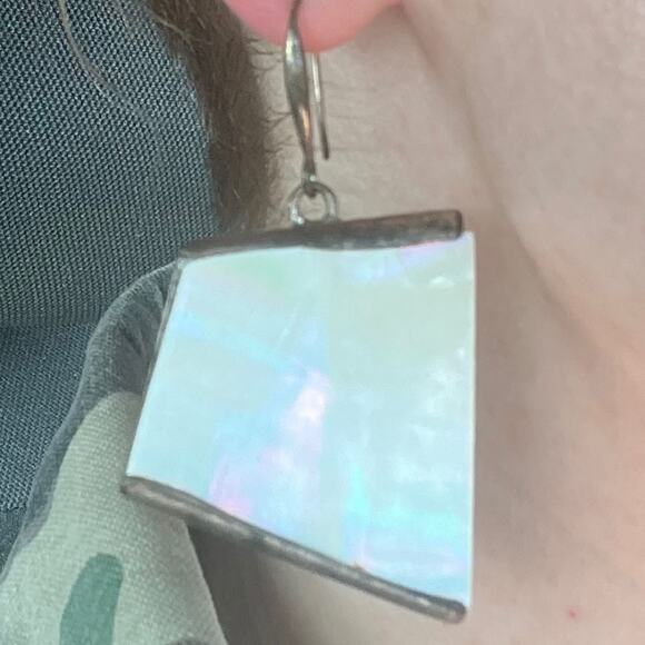 Vintage HUGE Designer MOP & Silver Tone Metal Sculptural Earrings by RLM SOHO C1 - Picture 5 of 5